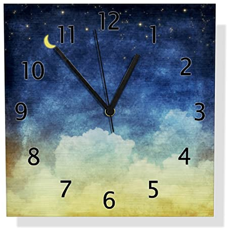 Wallario Design Wanduhr Wolkenhimmel mit Mond und Sternen aus Aluverbund, Alu-Uhr Größe 30 x 30 cm, Schwarze Zeiger mit Metalloptik