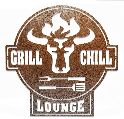 teileplus24 CG01 Gartenschild | Stier + Grill & Chill Lounge | 41 x 40,5cm| Stahl | Kupfer Antik