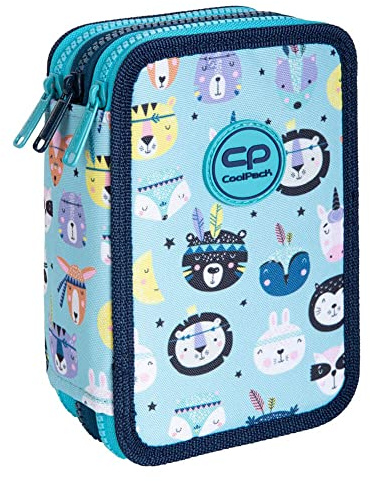 CoolPack 3-Compartment Pencil Case XXL Pencil Case 3-Compartment School Pencil Case 44-Piece Filled Student Case 3-Tier Motif Indian Zoo Blue (E67547), blue, Pencil case