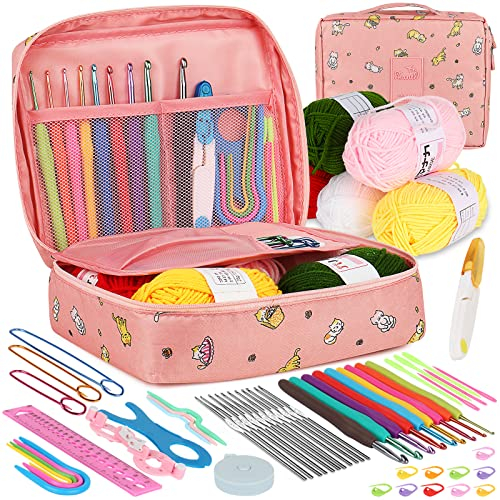 Aeelike 59 Stück Häkelnadel Set Rosa Katze Häkelset für Anfänger, Bunte Häkelnadeln mit Weichem Griff für Häkelgarn und wolle, 0,6 mm - 6,0 mm Ergonomische Häkelnadeln Set mit Häkeltasche, Zubehör