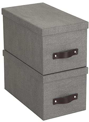 Bigso Box of Sweden Silvia Organizational Photo Storage Box with Leather Handle for Shelves and Stacks Easily | Durable and Decorative Storage Boxes with Lids | 5.9 x 6.5 x 11.6 | 2 Pack | Gray