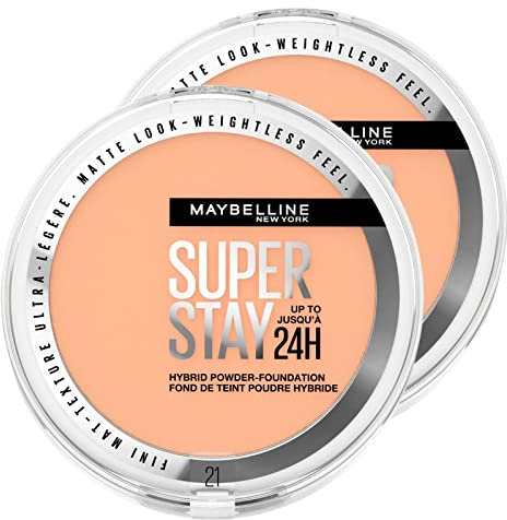 Maybelline New York Super Stay Hybrid Fondotinta in Polvere Opacizzante Waterproof Effetto Matte Colore 21 per Pelli Miste e Grasse Lunga Tenuta 24h - 2 Cosmetici