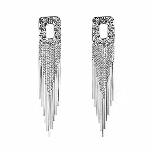 BiBeary Quasten Anhänger Ohrringe Damen Ohrhänger lang Hängeohrringe Linear Tropfen Bohemien Quadrat Fringe Chain Party Austrian Kristall 925 Sterling Silber Stecker