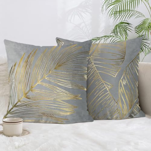 Bonhause 2er Set Kissenbezüge Goldene Blätter 50 x 50 cm Samt Soft Grau Dekorative Kissenhülle Goldfolien-Druck Zierkissenbezüge für Sofa Schlafzimmer Wohnzimmer Zuhause Dekoration