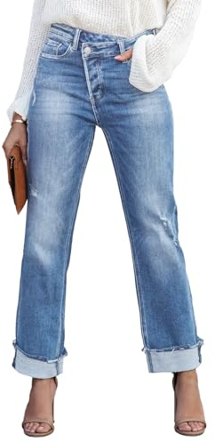 Metietila Jeans for Women Trendy High Waisted Distressed Boyfriend Jeans Corssover Stretchy Denim Pants Trendy Sky Blue XXL