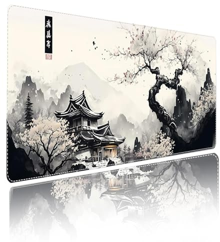 Lylm Tapis de Souris Blanc étendu XXL sous-Mains en Fleurs de Cerisier Japonais Tapis de Souris Long pour Grand Bureau de Jeu de Montagnes(Size:35.4x15.7in)