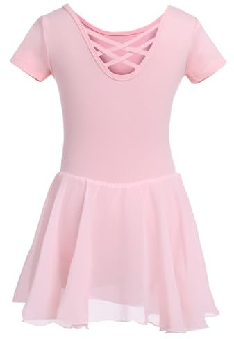 DGSHIRLDJO Kinder Ballettkleidung Mädchen Kurzarm Baumwolle Ballettkleid Balletttrikot Tanzkleid Tanzbody mit Chiffon Rock Tütü (DE/NL/SE/PL, Numerisch, 130, Regular, rosa)