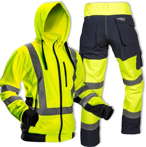 NEO TOOLS Herren Warme Arbeit Warnjacke mit Reflektierenden Streifen Gelb/Orange oder Set mit wasserdichte Hose, Gr. S(48)-XXL(56) | Kapuze, Stehkragen, Fleece, Pulli Berufsjacke Warnjacke Langarm