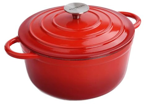 Forno olandese in ghisa smaltata da 3 qt, con coperchio, rotondo, grande, doppio manico, classico, rotondo, per cuocere in casa, cucinare, rosso