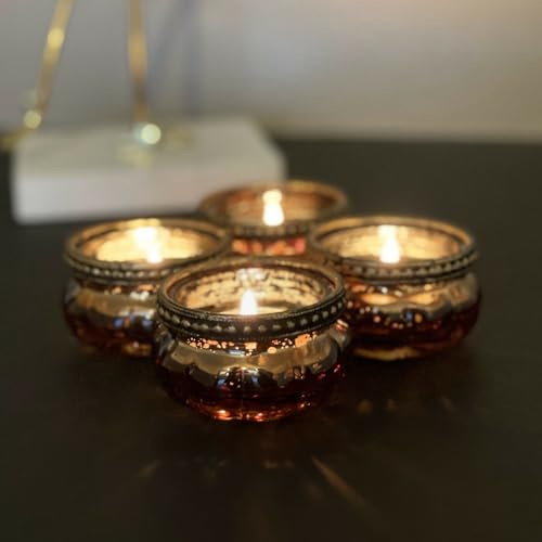 Set of 4 Bronze Ribbed Metal Rim Vintage Glass Tealight Candle Holders Wedding Table Decoration