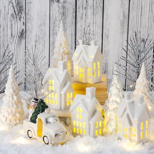 DoubleFill 17-teiliges Weihnachtsdorf-Set aus Keramik, weiß, Winterdorfhäuser, Keramik, Weihnachtsbaum, Porzellan, Kunststoff, Vintage-LKW, schneebedeckte Zweige für Weihnachten, Party,