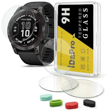 iDaPro Protector de pantalla para Garmin Fenix 7 Pro Solar/Sapphire Solar | Lote de 4 + 4 Tapones + Caja ABS. Dureza 9H, Antiarañazos, Antiburbujas, HD, Antihuellas, 0.3mm Ultrafino. No para 7/7X/7S.