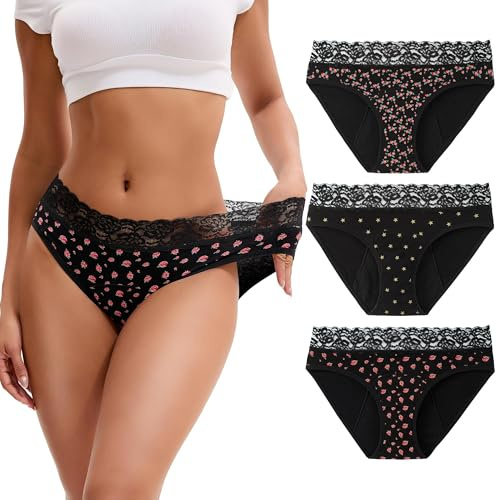 INNERSY Period Underwear for Women Cotton Lace Leakproof Menstrual Hipster Panties Bikini Briefs 3-Pack(X-Small,Blossom Star)