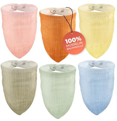 Clemens Dreieckstuch für Babys - Neutrales Musselin Baby Halstuch 6er Set mit verstellbaren Druckknöpfen - Saugfähiges Sabberlätzchen für Jungen und Mädchen - Kuschelweiche Baby Halstücher