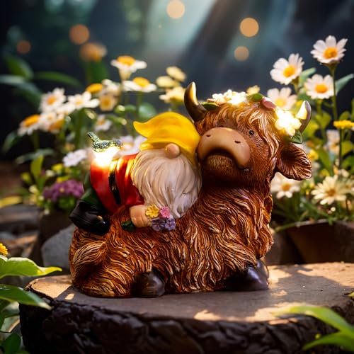 twinbling Statue de nain de jardin – Vache des Highlands avec lumières LED solaires, cadeaux d'anniversaire pour femme, cadeaux pour maman, grand-mère, élèves âgés, décoration de nains pour cour,
