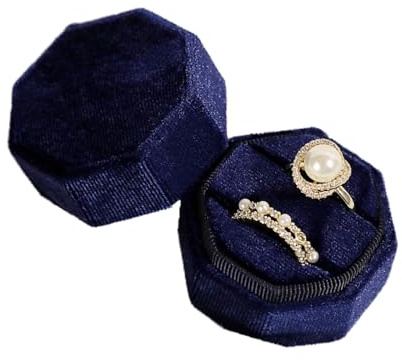 TINGFENG Ringschatulle aus Samt, Doppelschlitze, achteckig, Ringetui, Box, Vintage-Schmucketui, Samtring, Geschenkbox, für Hochzeit, Verlobung, Antrag, Geburtstag, Zeremonie, hält 2 Ringe (Dunkelblau)