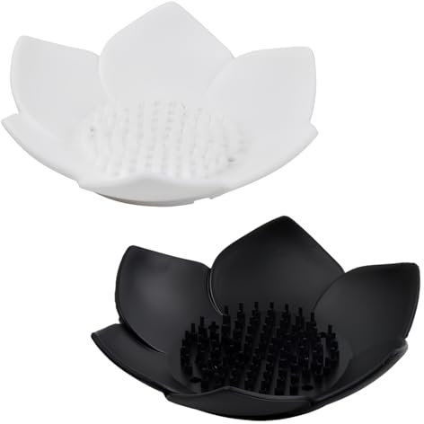 Dokeno 2-teilige Seifenschale mit Abfluss, für Küche und Dusche, Blütenblatt-Silikon für Badezimmer, Küche, Zähler (Schwarz+Weiß)