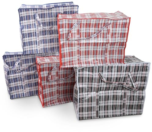 DIVCHI 5 Pack Laundry Bags With Strong Handle & Dual Zip Checkered Reusable Multipurpose Boxes | Shopping Totes | Storage Bag | Moving Bags | Clothes Box (Large, 80 x 70cm)