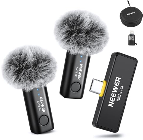 NEEWER Sistema Micrófono Inalámbrico Lavalier, 1 Receptor USB C con Adaptador OTG y 2 Transmisores Condensador Omnidireccionales con Cancelar Ruido Compatible con iPhone 16 Pro MAX S24 Ultra, KM23