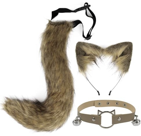 CGVG Katzenkostüm 3 Stück Katzen Kostüm Katzenohren Haarreif Halsband Katzenschwanz Halloween Katzenkostüm für Erwachsener Damen Frauen Tierkostüm für Halloween Cosplay Party (Gras Gelb)