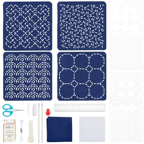 FREEBLOSS 4 Set 12 x 12cm Sashiko Untersetzer Set DIY Sashiko Set Mit Vorlage Sashiko Schablonen Set Geometrische Sashiko Set Für Anfänger