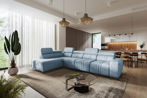 All4All Ecksofa mit Schlaffunktion Fabio XI 340 cm x 211 cm - Eckcouch mit Bettkasten - Wohnlandschaft in L-Form - Modern - Loft Stil - XXL Sofa - Seite Links - Blau - Easy Clean Stoff 26