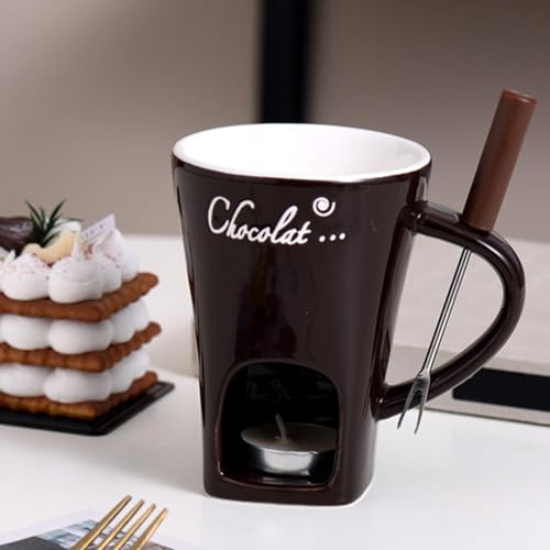 Chocolate Fondue Set - 130ml Ceramic Chocolate Fondue Mug | Chocolate Melting Cup with Forks | Multifunctional Cheese Butter Chocolate Melting Mug | Simmer Mug for Caramel | Butter Warmers Pot