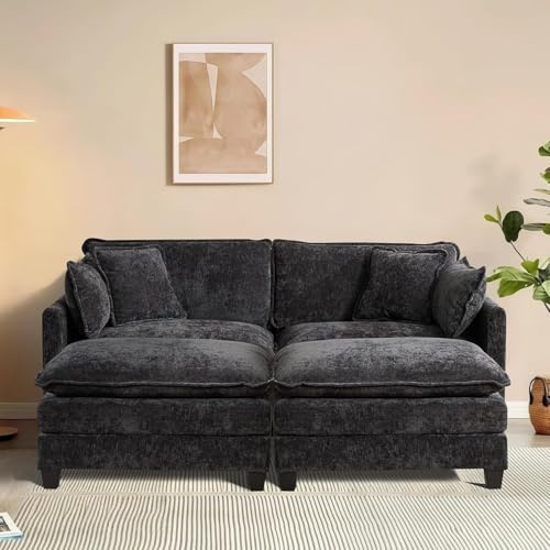 SoarTalent 198cm L-Form 2-Sitzer Sektionalsofa mit 2 Ottomanen, Schwarz | Chenille-Bezug im Wolken-Couch-Stil, tiefer Sitz mit Kissen, wandelbar, Sitzhöhe 54cm für Wohnzimmer, Wohnung, Büro.