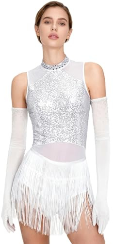 TTAO Damen Pailletten Tanz-Body Ballettbody Ärmellos Glitzer Gymnastikbody Ballett Trikot Leotard mit Fransen Turnanzug Ballettanzug Mit Handschuhe
