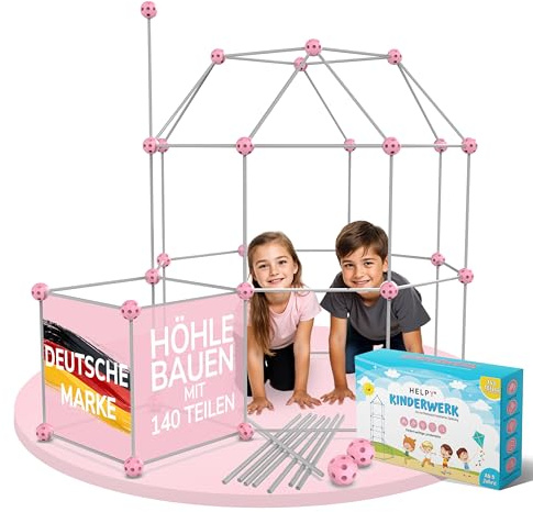 H E L P Y® KINDERWERK - Konstruktionsspielzeug – 140-teiliges Set zum Höhle Bauen für Kinder – Unterstützt Kreativität & räumliches Denken – Indoor & Outdoor Spielzeug (rosa/grau)