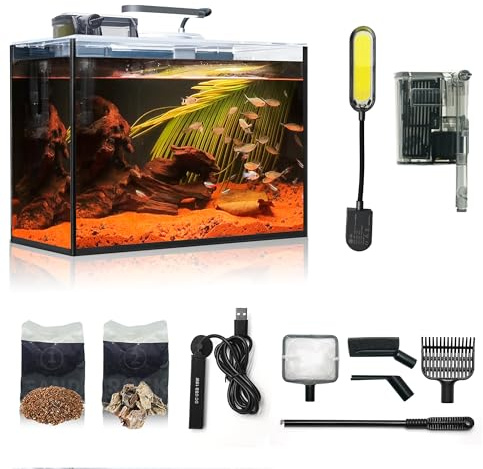 Aquarium Desktop-Set 10L Kleines Fischbecken 30x15x22, Ultra-Klares Glas mit Selbstreinigungsfilter, Helles Licht, Heizung, Steine,Kies, Reinigungswerkzeug, Randloses Fischglas für Anfänger Starterkit