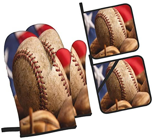 4 Pezzi Forno E Presine Guanti Flag Baseball Vintage Sport Guanti Barbecue Morbida Divertenti Guanti Per Forno Da Cucina Per Grigliare, Microonde, Cucina