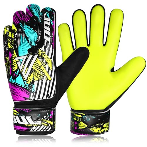 JUU Football Goalkeeper Gloves with 4mm Latex for Super Grip Palm & Double Wrist Protection Funky Goalkeeping Gloves (Fluroscent Yellow, Size 4 suitable for 6 to 9 years old)