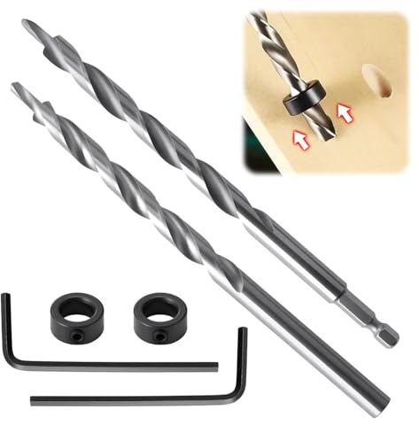 2Pcs 9.5mm Pocket Hole Drill Bit, Round & Hex Shank Twist Drill Bit | High Speed Steel with Depth Stop Collar Quick Release Drill Guide Tools for Manual Pocket Hole Jig Woodworking Metalworking