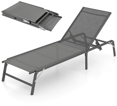 KOMFOTTEU Sonnenliege mit 5 verstellbaren Rückenlehnen, Liegestuhl klappbar mit rutschfesten Fußpolstern, Gartenliege bis 160 kg, Klappliege 183 x 70 x 83/73/63/53/30 cm, Grau