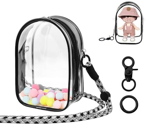 Mrltau PVC Schutzhülle para muñecas de Vinilo de 15-17 cm, Bolsa Bandolera Transparente con Pompones, Bolsa de exhibición para Llevar y Guardar muñecas de Peluche en Ropa (Negro)