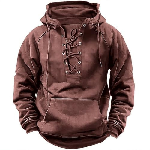 Men's Vintage Drawstring Pockets Hoodie Hood- Autumn Winter Warm Fleece-Lined Hooded Sweatshirts, Casual Loose Fit Long Sleeve Pullover for Daily Wear Pink
