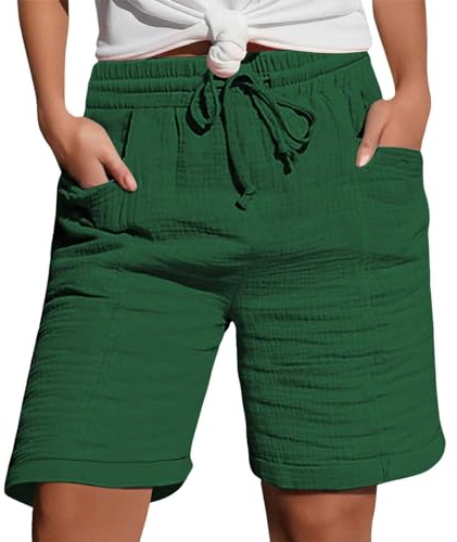 Linen Shorts Women Summer Knee Length Cropped Trousers Ladies Solid Drawstring Hot Pants with Pockets Casual Loose Elastic Waist Shorts Half Length Capri Bermuda Short Green