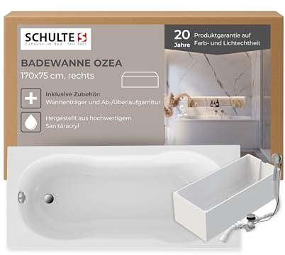 Schulte Badewanne Ozea, 170x75 cm, Komplett inkl. Wannenträger und Ablauf, aus hochwertigem Acryl in Weiß glänzend