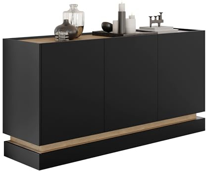 Mirjan24 Sideboard Zarpant K160 3D mit 3 Türen (Schwarz) | Griffloses Sideboard mit Soft-Close-Scharnieren und 6 Innenfächern für Geschirr, Deko und Wohnaccessoires