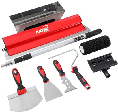 KATSU Tools Set di 8 lame per cartongesso, lama da 60 cm + asta di prolunga in alluminio + rullo di vernice + coltello per stucco + raschietti per carta da parati + vaschetta per fango, per