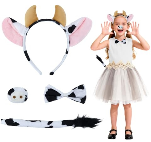 Kitimi 4er Set Karneval Kuh Kostüm Set Ohren Hörner Stirnband Kuh Nase Fliege und Schwanz Kuhkostüm Cosplay Kostüm Zubehör für Erwachsene, Kinder, Cosplay, Kindertag, Weihnachten, Tier-Mottoparty
