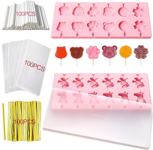 2Pcs Silicone Lollipop Molds, 12-Cavity Chocolate Silicone Mould, Silicone Animal Molds with Transparent Lid 100 Sticks 100 Wrap Bags 100 Twist Ties, Make Your Own for Yummy Lollies Choco Bars (Pink)