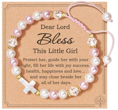 Pink White Pearl Bracelet for Girls – Adjustable Cross Beaded Bracelet – Christening Gifts Bracelet with Message Card – Holy Communion Baptism and Confirmation Gift for Birthday Wedding Christmas