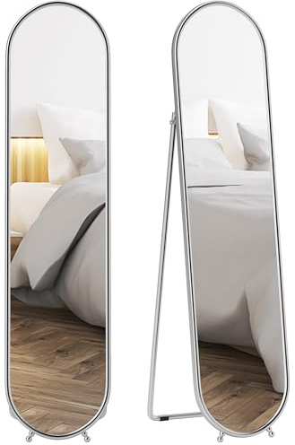HOMCOM Specchio da Terra Ovale Moderno, 40x160 cm Specchio Autoportante a Figura Intera Antiscoppio con Cornice in Metallo e Supporto, per Camera da Letto, Soggiorno e Ingresso, Argento