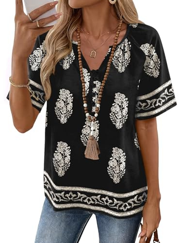 Rapbin Womens Summer Tops V Neck Short Sleeve Cotton Linen Blouse Boho Top | Breathable Buttons Elegant Shirts Dressy Casual Tunic Loose Fit