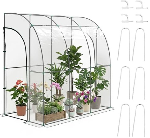 Outsunny Serre de Jardin Adossée Châssis en Acier 214x118x212cm Transparent | Serre Murale, Bâche Renforcée PVC, 2 Portes Zippées Enroulables, pour Légumes Plantes Fleurs, Intérieur Extérieur Balcon