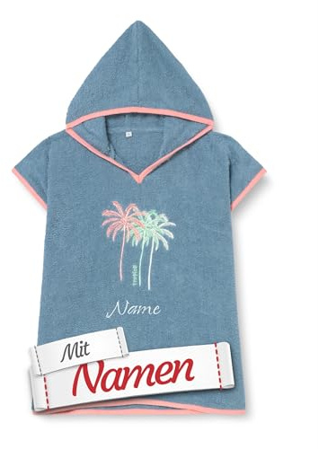 Playshoes Poncho personalisiert - mit Namen bestickt - Geschenk zum Geburtstag oder Ostern - Kinder Badeponcho Meerestiere in Türkis, Größe S bis ca. 4 Jahre, 100% Baumwolle