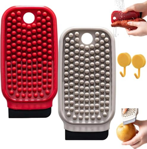 3-in-1 Fruit & Vegetable Cleaning Brush, Multifunctional Vegetable Brush & Dish Sponge, Dual-Sided Cleaning Scrubber with Bristles & Built-in Scrape for Fruits, Root Veggies and Pans (Grey+Red)