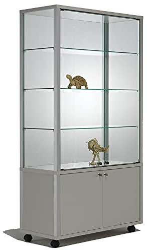 MHN Glasvitrine mit Rollen T 43 x B 79 x H 183 cm - breite Ausstellungs-Vitrine mit Unterschrank abschließbar - Glas Vitrinenschrank - LED-Beleuchtung